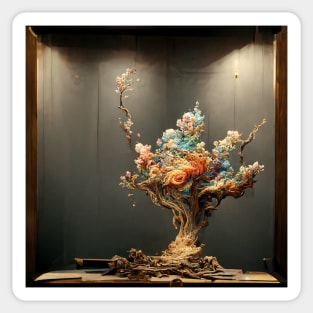 Sculpture with intricated flowers, trees, exploding and dispersing all around Sticker